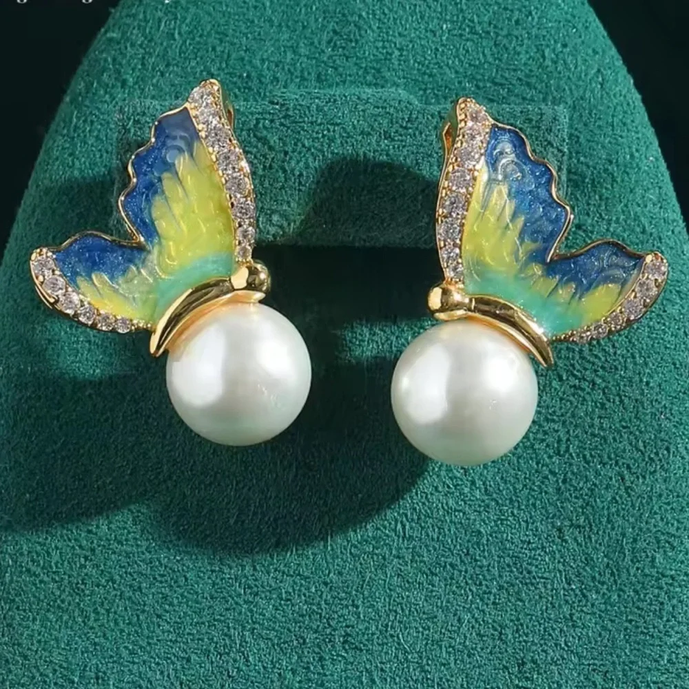 Vintage Luxury Craftsmanship Elegant Butterfly Pearl Ring Earrings Set